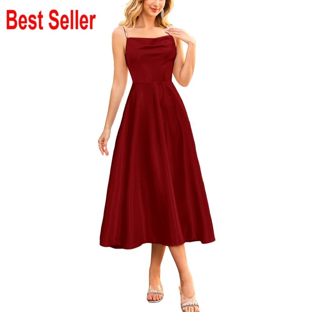 Satin Slip Dress Cowl Neck Backless Midi Adjustable Straps Formal Cocktail